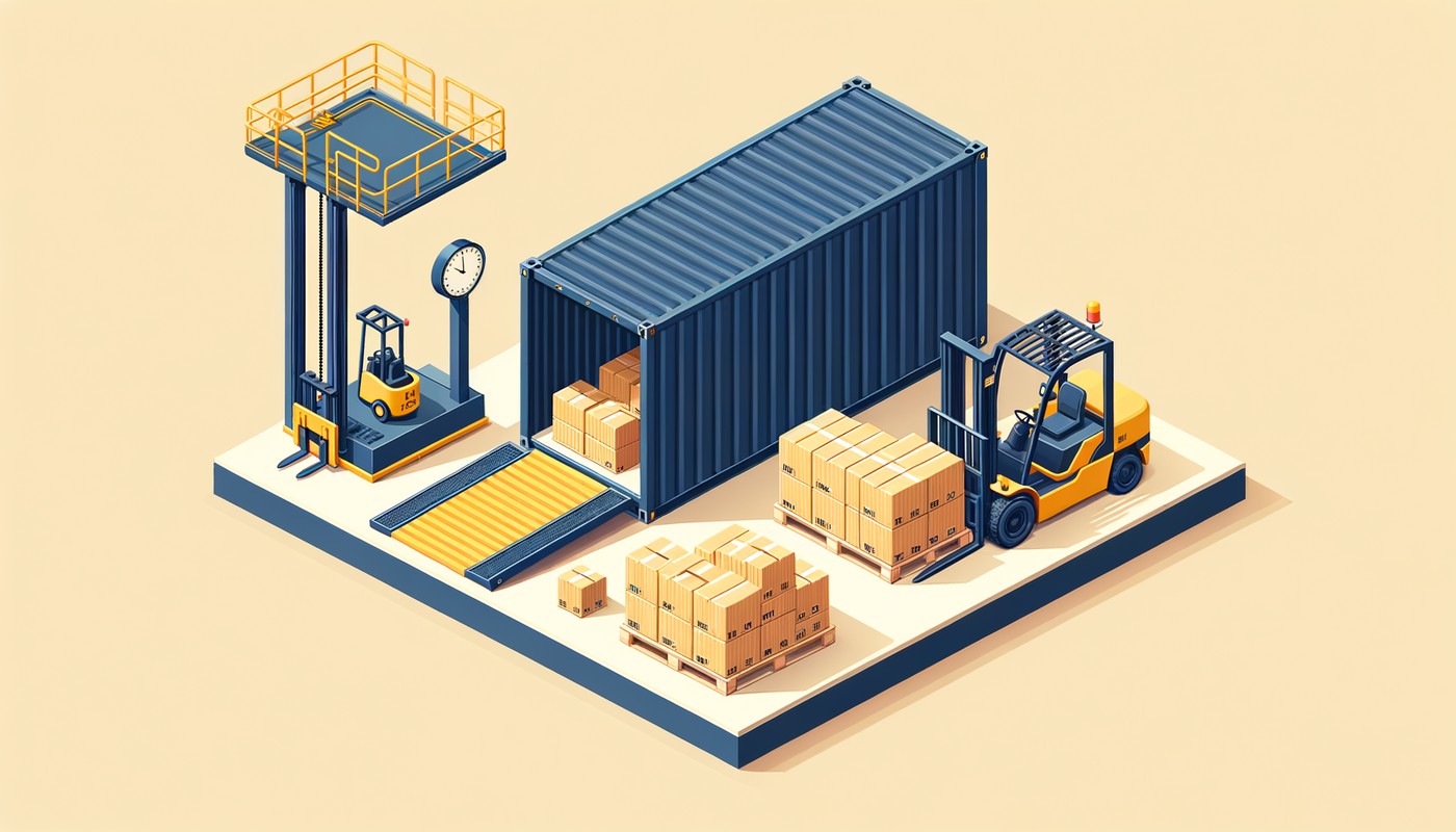 Workers unloading a shipping container at a warehouse loading dock