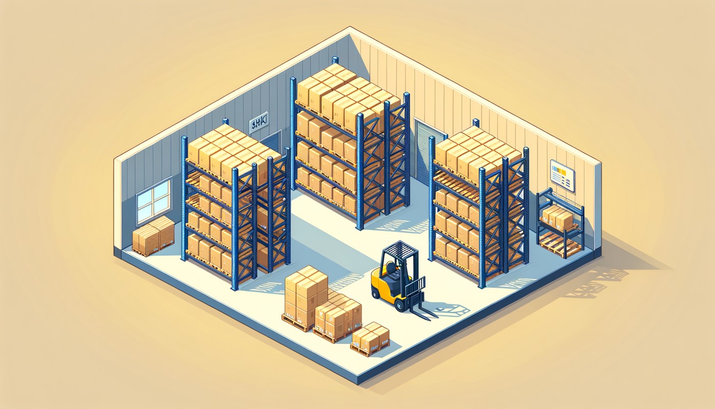 Modern warehouse with tall pallet racking shelves stacked with organized inventory