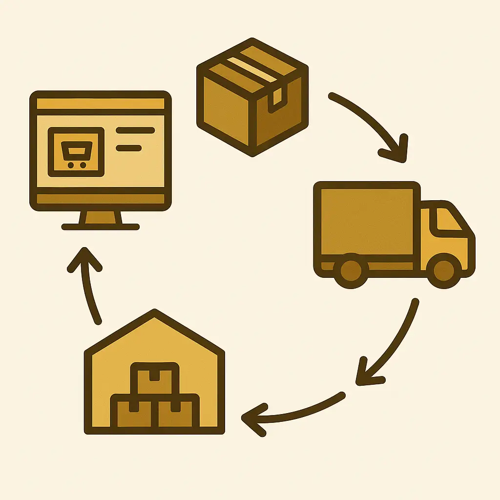 A flat-style circular infographic in gold and brown showing the e-commerce order fulfillment process. It begins with an online store icon, followed by a product package, a delivery truck, a warehouse with inventory, and loops back to the online store, illustrating the cycle of integration, storage, shipping, and order completion.