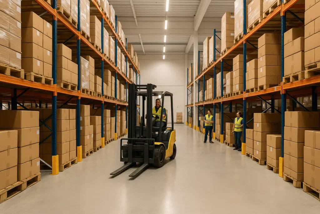 Third-party logistics 3PL warehouse operations with organized shelves, boxes, and forklift – showcasing warehousing, fulfillment, and shipping coordination services.