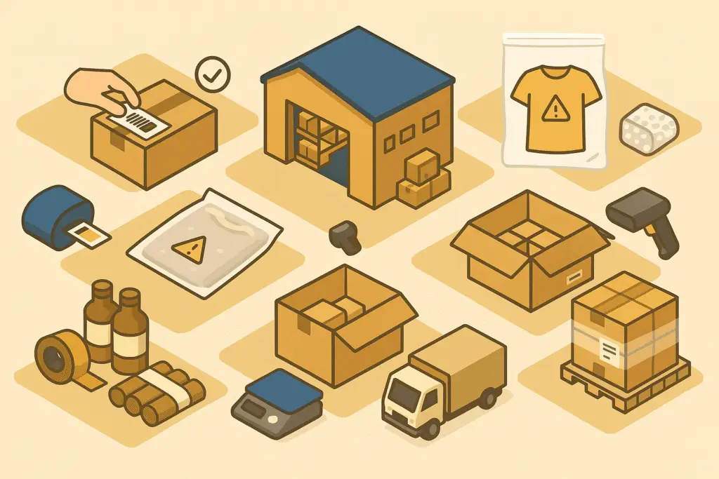 Amazon FBA prep steps: FNSKU labeling, polybagging, bubble wrap, kitting, cartonization, weighing, scanning, palletizing, and shipping from a 3PL warehouse.