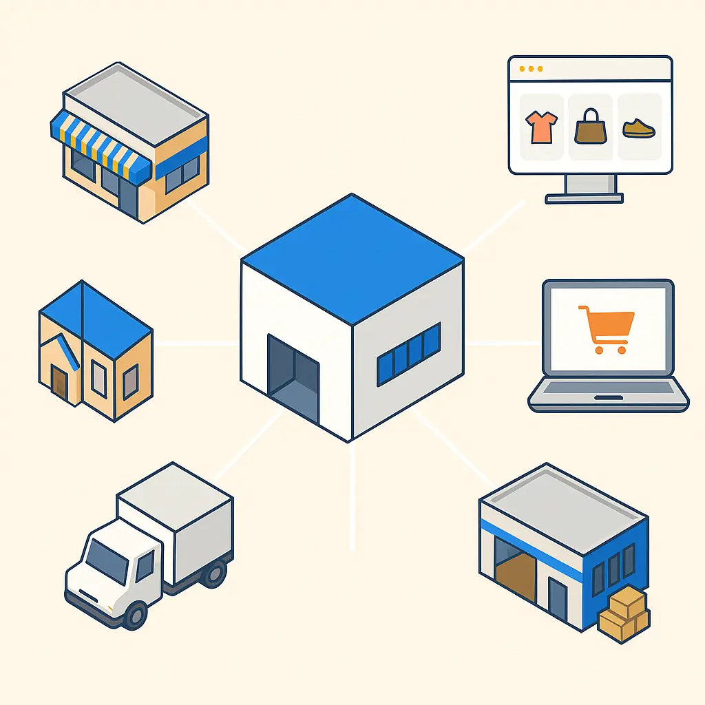 Flat isometric illustration showing a central warehouse connected to various sales channels, including storefronts, a residential house, delivery truck, and e-commerce platforms, representing integrated D2C and B2B order fulfillment.