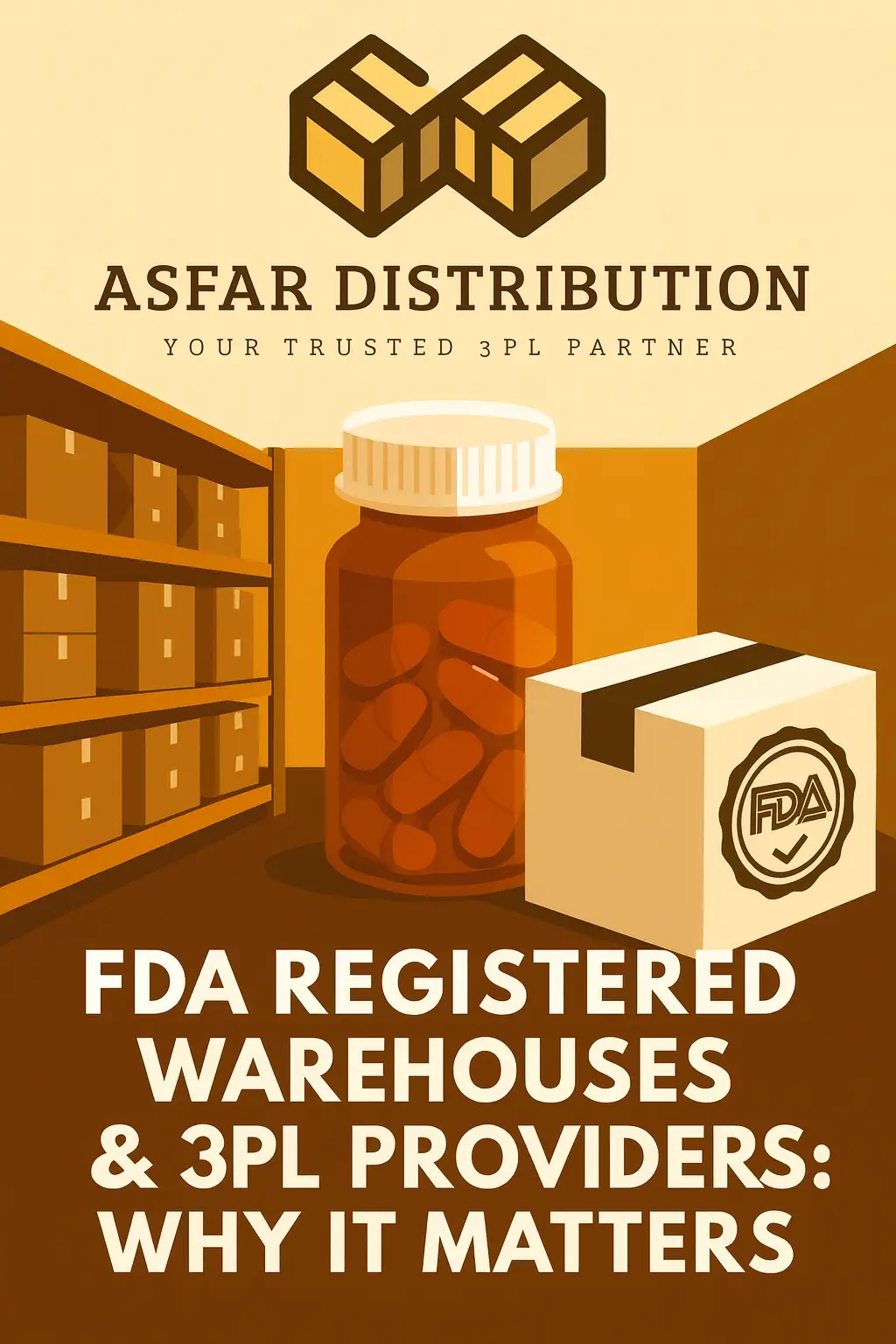 Illustration of Asfar Distribution logo above a warehouse shelf, medication pill bottle, and FDA-certified package, representing FDA-registered warehouses and 3PL services.