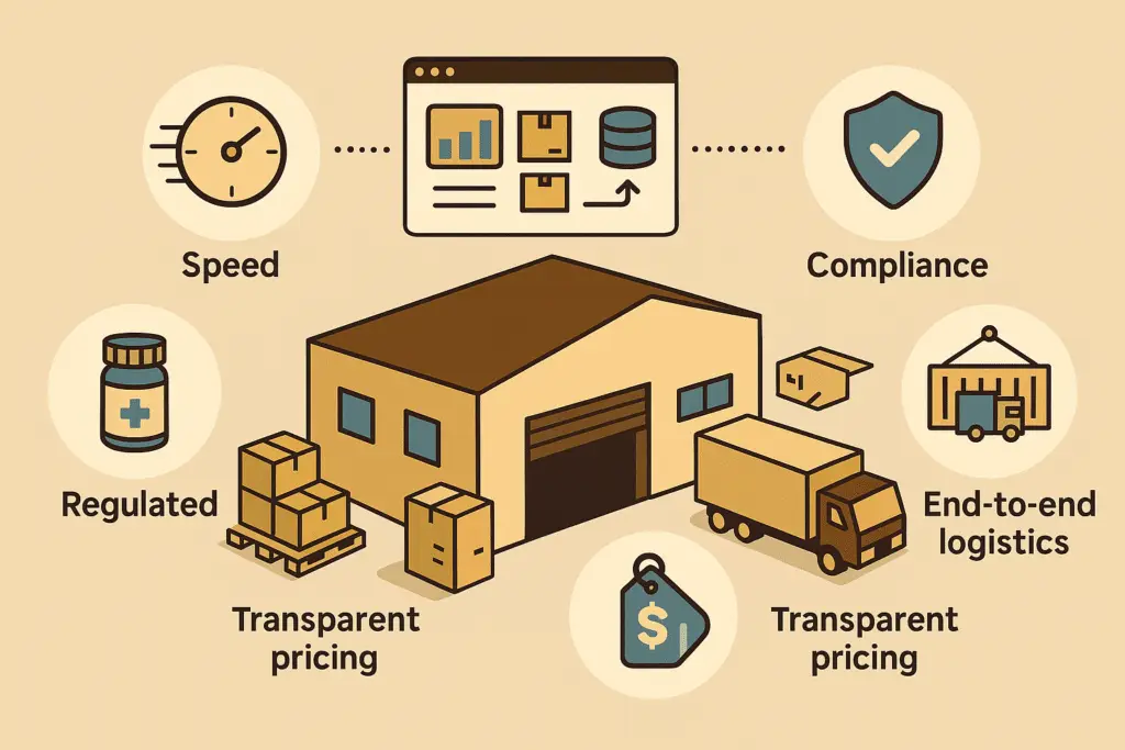 Modern warehouse with truck and pallets, surrounded by icons for speed, compliance, FDA-regulated handling, end-to-end logistics, transparent pricing, and WMS inventory sync—visualizing Asfar Distribution’s Amazon FBA prep benefits.